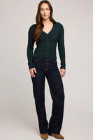 Gentle Fawn Clothing Mia V-Neck Top Style GF2510-3053 in Wintergreen and in Heather Grey; Pointelle V-neck Fall Cardigan Top