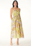 Gilner Farrar Clothing Paula Dress Style GF345TVP in Fan Dance Print;Yellow and Green Printed Smocked Spaghetti Strap Smocked Midi Dress