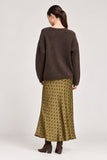 Grade and Gather Clothing Floral Satin Slip Skirt Style 50685PD in Tapenade; Olive Green, Brown Floral, Satin Slip Skirt.