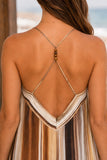 Greylin Clothing Stella Vertical Watercolor Maxi Dress Style G266D7133 in Mustard Brown Neutral Stripe. Close-up of the Stella Maxi Dress Y-strap back with stacked organic brown beads
