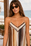 Greylin Clothing Stella Vertical Watercolor Maxi Dress Style G266D7133 in Mustard Brown Neutral Stripe. Close-up of the chevron V-neckline and adjustable spaghetti straps on the Stella Watercolor Maxi Dress