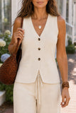 Close-up of the Raven Slim Fit Knit Vest showing its deep V-neckline, three-button placket and curved hem.