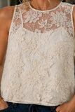 Greylin Clothing Alice Sheer Embroidered Sleeveless Top Style G266T7581 in Ivory; Close-up of ivory floral embroidery and sheer mesh fabric on Alice sleeveless top