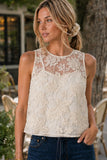 Greylin Clothing Alice Sheer Embroidered Sleeveless Top Style G266T7581 in Ivory; Alice ivory sleeveless top with sheer floral embroidery and high rounded illusion neckline