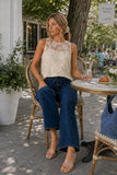 Greylin Clothing Alice Sheer Embroidered Sleeveless Top Style G266T7581 in Ivory; Alice ivory embroidered sleeveless top styled with wide-leg jeans for casual Hudson Valley brunch