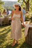 Greylin Valarie Smocked Midi Dress Style G264D7118 in Taupe. Smocked Midi Dress, floral midi dress, taupe midi dress, neutral print midi dress, summer midi dress, lightweight summer dress, spaghetti strap dress, flowy midi dress, garden party dress, winery outfit, outdoor summer party dress, bridal shower guest dress, baby shower outfit, summer event dress, vacation dinner dress, brunch outfit, country club style, effortless summer style, elevated summer style, weekend getaway outfit, vacation wardrobe