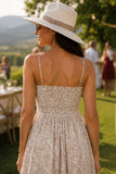 Greylin Valarie Smocked Midi Dress Style G264D7118 in Taupe. Smocked Midi Dress, floral midi dress, taupe midi dress, neutral print midi dress, summer midi dress, lightweight summer dress, spaghetti strap dress, flowy midi dress, garden party dress, winery outfit, outdoor summer party dress, bridal shower guest dress, baby shower outfit, summer event dress, vacation dinner dress, brunch outfit, country club style, effortless summer style, elevated summer style, weekend getaway outfit, vacation wardrobe
