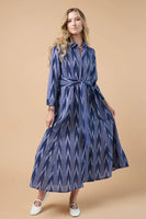 Guadalupe Design Luciana Dress Ikat Dress in Navy Blue;Ikat long belted shirt dress; 