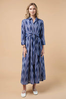 Guadalupe Design Luciana Dress Ikat Dress in Navy Blue;Ikat long belted shirt dress; 