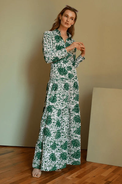 Guadalupe Design Meredith Floral Dress Green; Green Floral Summer Guest Of Dress; Floral Colllared Belted Maxi Dress; Spring/Summer Dress; Spring SUmmer Guest Of Dress