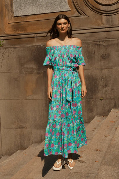 Guadalupe Design Momposina Camila Dress; Off The Shoulder Floral Dress; Turquoise Floral Dress; Summer Guest of Dress