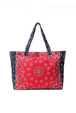 Haute Shore Bailey Red/Navy Bandana Tote bag. Red and Navy lined Canvas Bandana toe bag with an interior and exterior zipper pocket and a zip closure.  Bfree American Summer