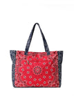 Haute Shore Bailey Red/Navy Bandana Tote bag. Red and Navy lined Canvas Bandana toe bag with an interior and exterior zipper pocket and a zip closure.  Bfree American Summer
