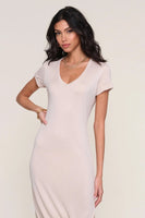 Heartloom Clothing Brie Dress Style 255A87A in Stone;Short Sleeve Slit Tee Shirt Midi Dress; 