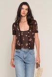 Heartloom Clothing Jodene Cardi Style 262SW8B in Coco. Women's Brown Lightweight Strawberry Jacquard button front v-neck short sleeve spring cardigan