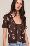 Heartloom Clothing Jodene Cardi Style 262SW8B in Coco. Women's Brown Lightweight Strawberry Jacquard button front v-neck short sleeve spring cardigan