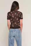 Heartloom Clothing Jodene Cardi Style 262SW8B in Coco. Women's Brown Lightweight Strawberry Jacquard button front v-neck short sleeve spring cardigan