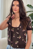 Heartloom Clothing Jodene Cardi Style 262SW8B in Coco. Women's Brown Lightweight Strawberry Jacquard button front v-neck short sleeve spring cardigan