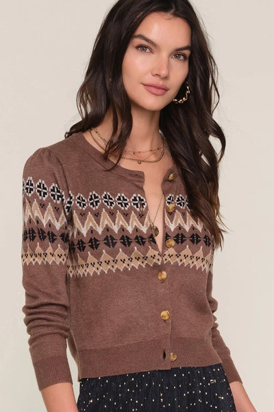Heartloom Clothing Keane Cardi Style 259SP5B in Mocha; Fair isle Button Front Cardigan Sweater; 