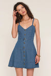 Heartloom Clothing Melinda Dress Style 255D73A in Breeze;Denim Mini Dress with a tiered skirt; Fit & Flare Button Front Denim Mini Dress