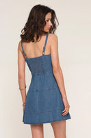 Heartloom Clothing Melinda Dress Style 255D73A in Breeze;Denim Mini Dress with a tiered skirt; Fit & Flare Button Front Denim Mini Dress
