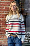 Hem and Thread Clothing Crew Neck Striped Split Hem Sweater Style 36029 in White with Navy and Red Stripes; Striped Crew Neck Spring Sweater