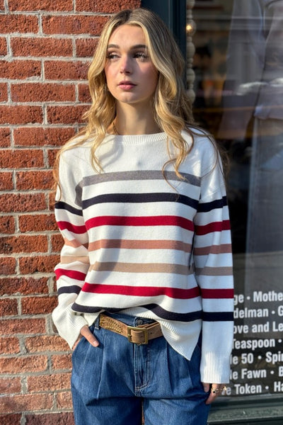 Hem and Thread Clothing Crew Neck Striped Split Hem Sweater Style 36029 in White with Navy and Red Stripes; Striped Crew Neck Spring Sweater