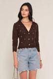 Heartloom Clothing Tonya Cardi Style 262S76B in Coco. Women's Scalloped Hem Pointelle Knit Rosette Embroidered V-Neck Spring Cardigan Top