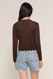 Heartloom Clothing Tonya Cardi Style 262S76B in Coco. Women's Scalloped Hem Pointelle Knit Rosette Embroidered V-Neck Spring Cardigan Top