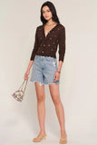Heartloom Clothing Tonya Cardi Style 262S76B in Coco. Women's Scalloped Hem Pointelle Knit Rosette Embroidered V-Neck Spring Cardigan Top
