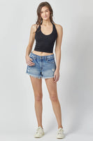 Hidden Denim Kenzie Mid Rise Fray Shorts Style HD4193-DK in Dark Blue;denim cut-offs; 