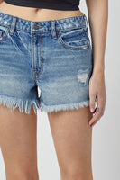 Hidden Denim Kenzie Mid Rise Fray Shorts Style HD4193-DK in Dark Blue;denim cut-offs; 