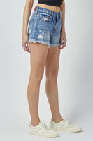 Hidden Denim Kenzie Mid Rise Fray Shorts Style HD4193-DK in Dark Blue;denim cut-offs; 