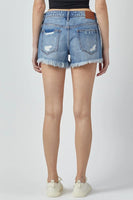 Hidden Denim Kenzie Mid Rise Fray Shorts Style HD4193-DK in Dark Blue;denim cut-offs; 