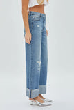 Hidden Denim Logan Medium Wash Cross-over waistband cuffed dad jean Style HD9198D-MD;cuffed wide leg jeans;crossover waist jeans;wide leg jeans; 