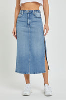 Hidden Denim Peyton Midi Skirt With Side Slit Style HD5122-ML in Medium Light Wash;Denim Midi Skirt;Slit Denim Midi Skirt;Hidden Denim Skirt;Fall Denim Midi Skirt; 