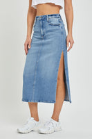 Hidden Denim Peyton Midi Skirt With Side Slit Style HD5122-ML in Medium Light Wash;Denim Midi Skirt;Slit Denim Midi Skirt;Hidden Denim Skirt;Fall Denim Midi Skirt; 