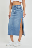 Hidden Denim Peyton Midi Skirt With Side Slit Style HD5122-ML in Medium Light Wash;Denim Midi Skirt;Slit Denim Midi Skirt;Hidden Denim Skirt;Fall Denim Midi Skirt; 
