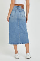 Hidden Denim Peyton Midi Skirt With Side Slit Style HD5122-ML in Medium Light Wash;Denim Midi Skirt;Slit Denim Midi Skirt;Hidden Denim Skirt;Fall Denim Midi Skirt; 