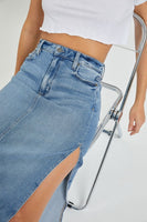 Hidden Denim Peyton Midi Skirt With Side Slit Style HD5122-ML in Medium Light Wash;Denim Midi Skirt;Slit Denim Midi Skirt;Hidden Denim Skirt;Fall Denim Midi Skirt; 