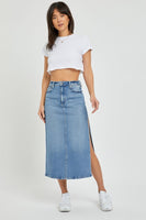 Hidden Denim Peyton Midi Skirt With Side Slit Style HD5122-ML in Medium Light Wash;Denim Midi Skirt;Slit Denim Midi Skirt;Hidden Denim Skirt;Fall Denim Midi Skirt; 