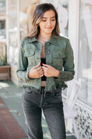 Hidden Denim Rebel Cropped Denim Jacket Style HD985J in Olive;Distressed Cropped Olive Green Color Denim Jacket; 