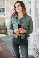 Hidden Denim Rebel Cropped Denim Jacket Style HD985J in Olive;Distressed Cropped Olive Green Color Denim Jacket; 