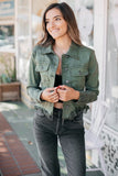 Hidden Denim Rebel Cropped Denim Jacket Style HD985J in Olive;Distressed Cropped Olive Green Color Denim Jacket; 