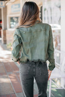 Hidden Denim Rebel Cropped Denim Jacket Style HD985J in Olive;Distressed Cropped Olive Green Color Denim Jacket; 