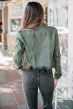 Hidden Denim Rebel Cropped Denim Jacket Style HD985J in Olive;Distressed Cropped Olive Green Color Denim Jacket; 