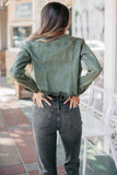 Hidden Denim Rebel Cropped Denim Jacket Style HD985J in Olive;Distressed Cropped Olive Green Color Denim Jacket; 