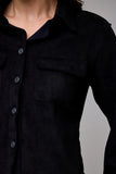 Hidden Jeans ABBEY Black Suede Shrunken Button-up Shirt Style HD279S-SBK in Black; Black Faux Suede Cropped Button Down Shirt; 