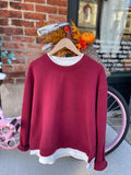 The Bfree Intentional Crew in Merlot. A Faux Layered Fleece sweatshirt styled and modeled at Bfree Warwick, NY