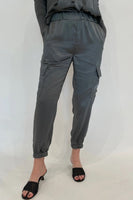 J Society Clothing Juno Satin Cargo Pant Style 6493 Gun00 in gunmetal;Satin Cargo Jogger Pant; 